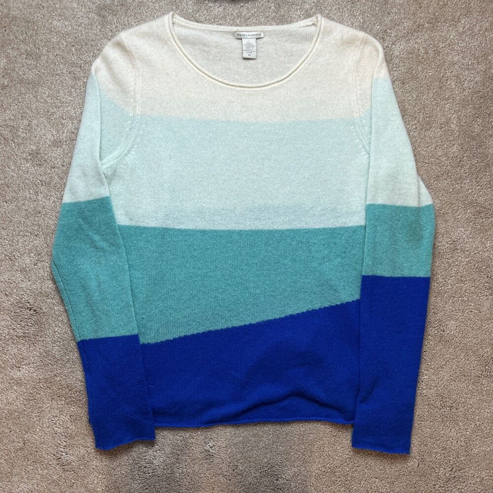 White + Warren Sweater Womens Medium 100% Cashmere Crewneck Striped Green Preppy